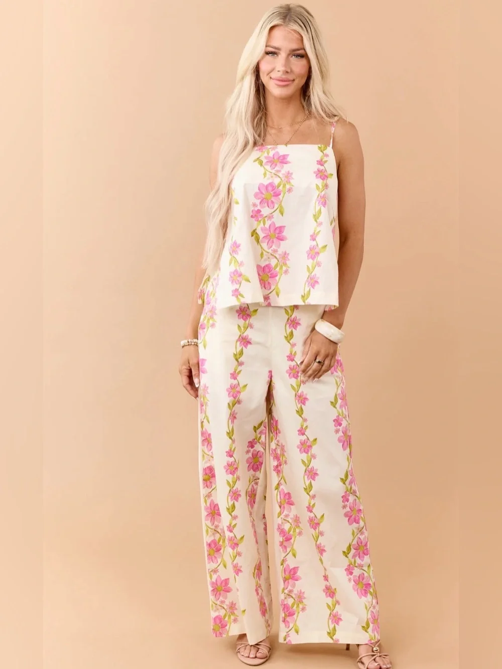 NWT HYFVE Wide Leg Apron Tank Set Delicate Blossom Floral Pink Green Ivory Small